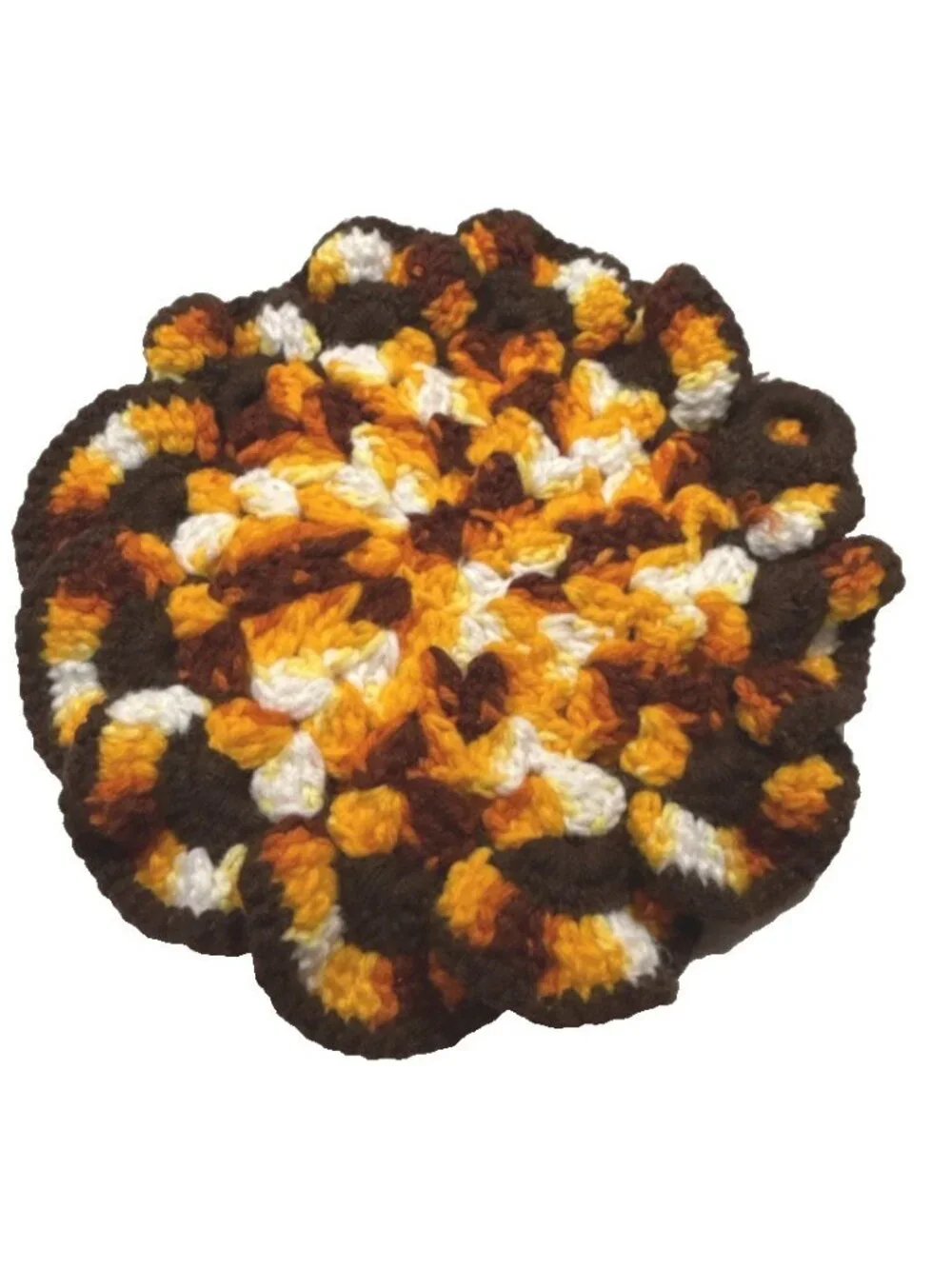 Vtg MCM 70’s Handmade Crochet Knitted Round Pot Holder Orange Brown Yellow 9.5'